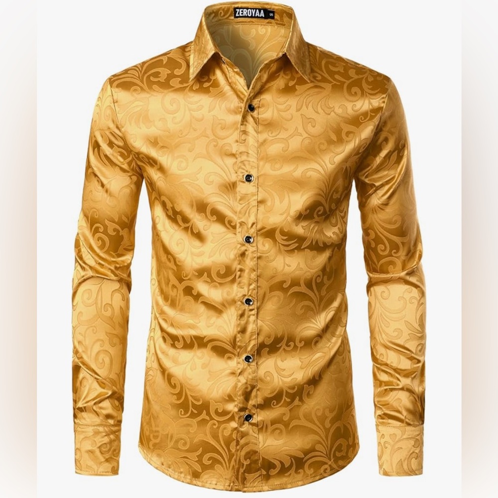 Men’s ZEROYAA Long Sleeve Satin Dress Shirt, Size Medium, NWT